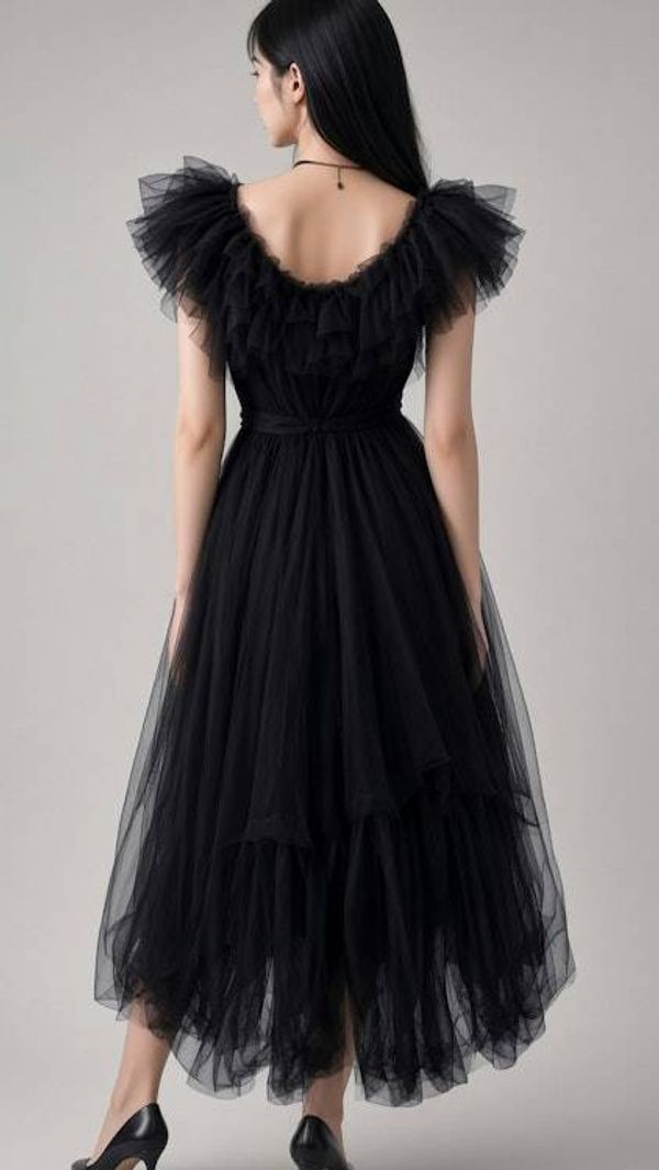 Alternate image for Dramatic black tulle Halloween gown with ruffled neckline