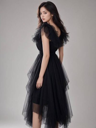 Alternate image for Dramatic black tulle Halloween gown with ruffled neckline