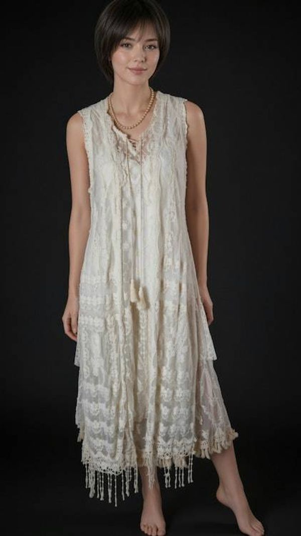 Alternate image for Vintage look lace sleeveless dress with fringe trim and robe