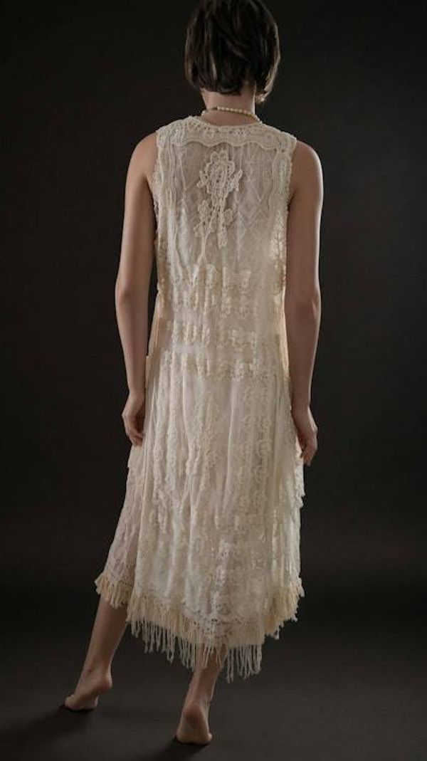 Alternate image for Vintage look lace sleeveless dress with fringe trim and robe