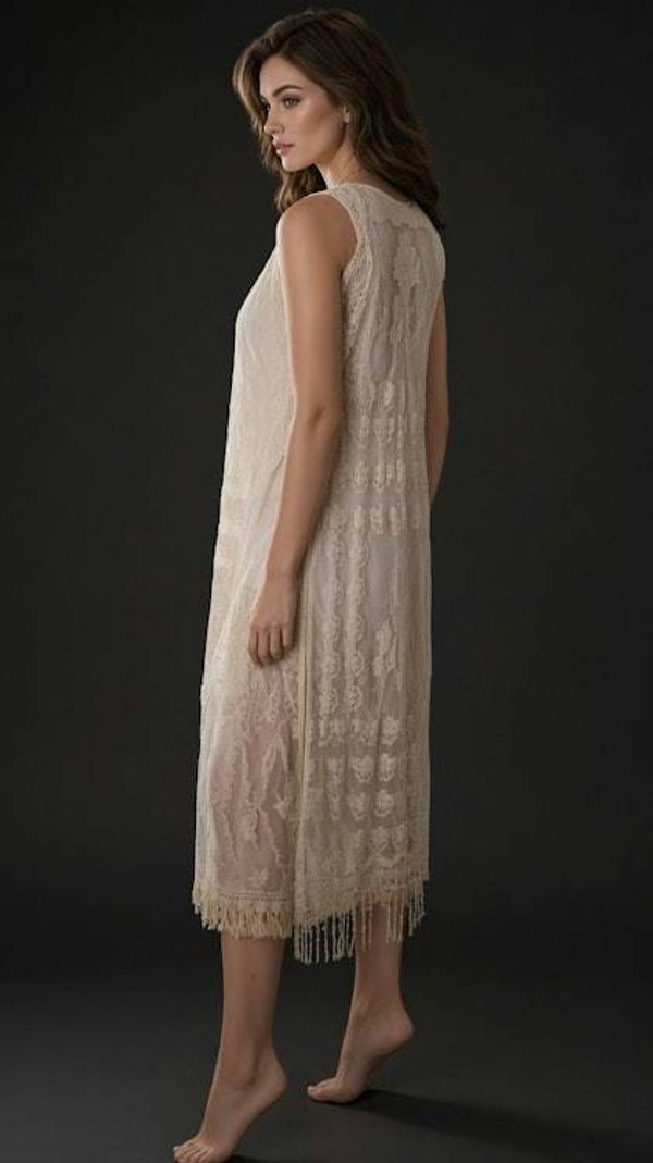 Alternate image for Vintage look lace sleeveless dress with fringe trim and robe