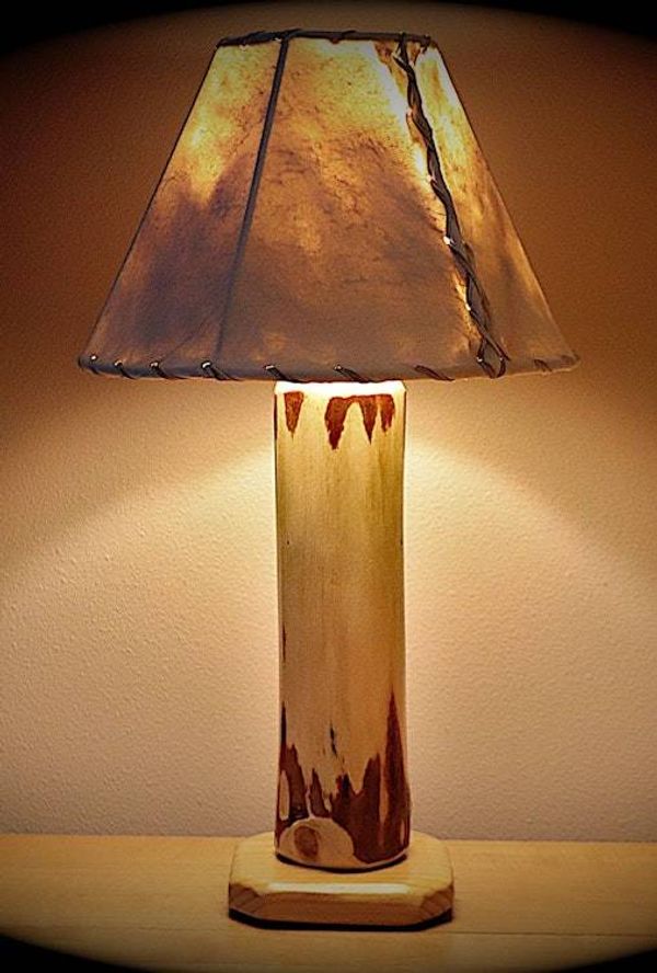 Image for Little Sawtooth Rustic Log Lamp – Handmade in Idaho with Rawhide Shade