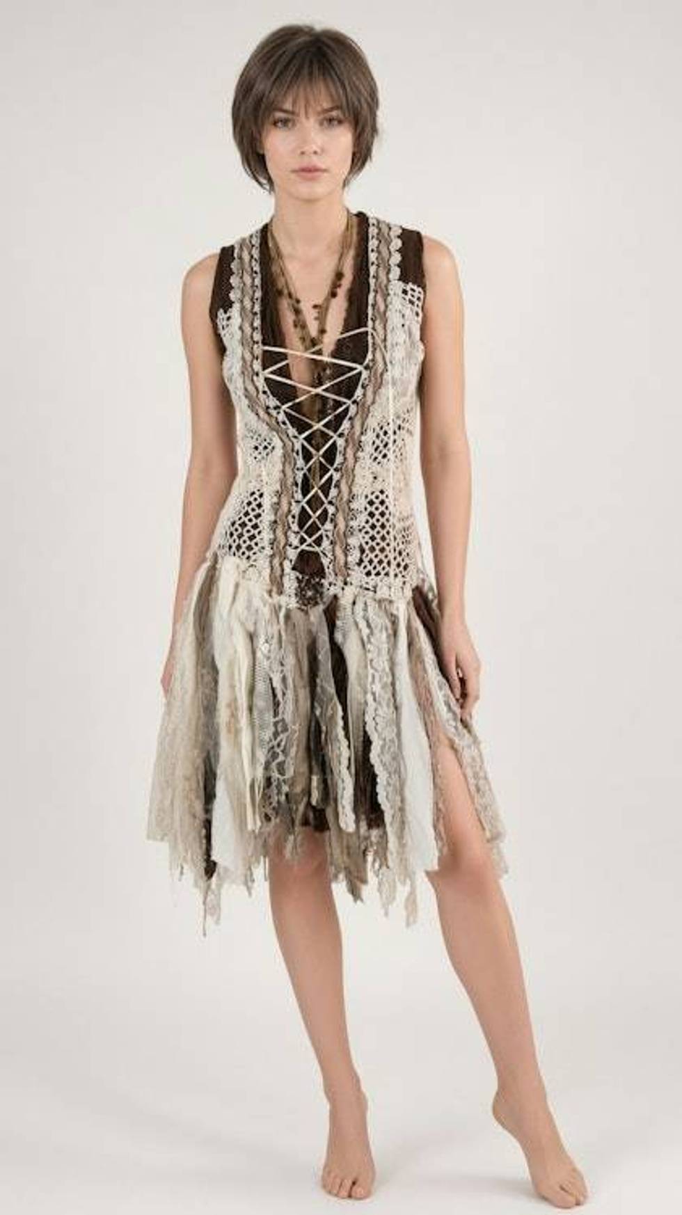 Handcrafted Bohemian dress with crochet lace and multi-fabric distressed fabric skirt