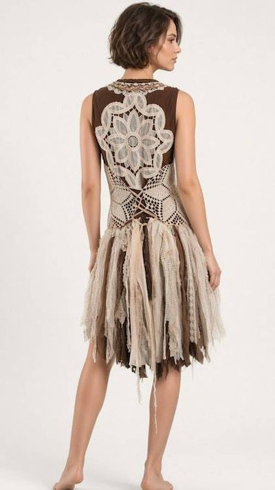 Alternate image for Handcrafted Bohemian dress with crochet lace and multi-fabric distressed fabric skirt