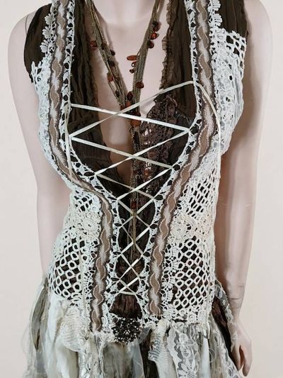 Alternate image for Handcrafted Bohemian dress with crochet lace and multi-fabric distressed fabric skirt