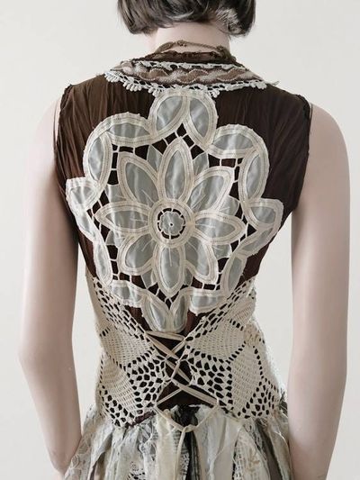 Alternate image for Handcrafted Bohemian dress with crochet lace and multi-fabric distressed fabric skirt