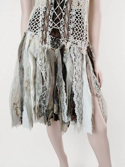 Alternate image for Handcrafted Bohemian dress with crochet lace and multi-fabric distressed fabric skirt