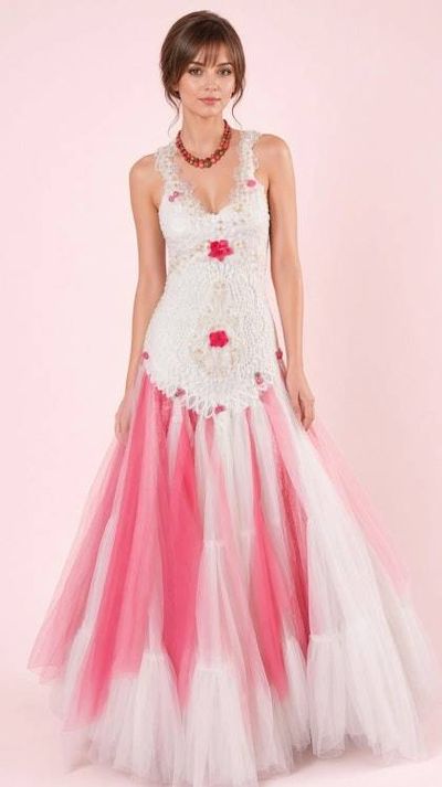 Primary image for Handcrafted ivory lace and pink tulle Evening or wedding gown with lace up back and vintage sequins