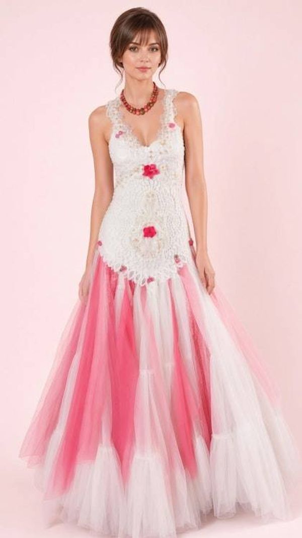 Alternate image for Handcrafted ivory lace and pink tulle Evening or wedding gown with lace up back and vintage sequins