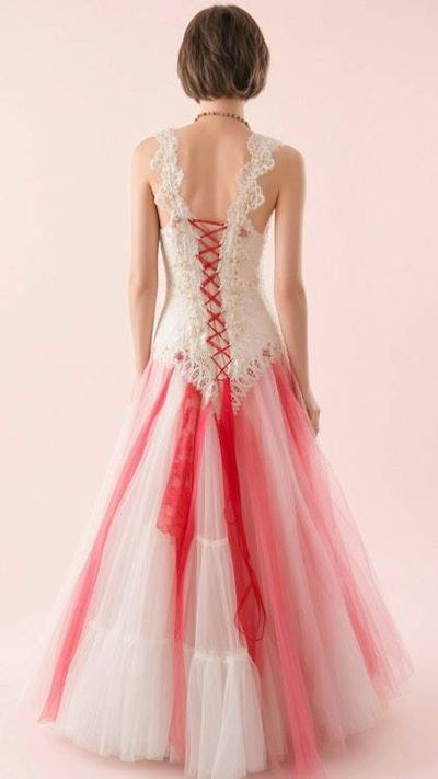 Alternate image for Handcrafted ivory lace and pink tulle Evening or wedding gown with lace up back and vintage sequins