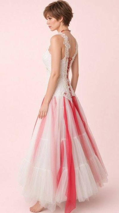 Alternate image for Handcrafted ivory lace and pink tulle Evening or wedding gown with lace up back and vintage sequins