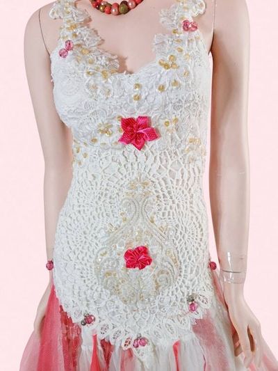 Alternate image for Handcrafted ivory lace and pink tulle Evening or wedding gown with lace up back and vintage sequins