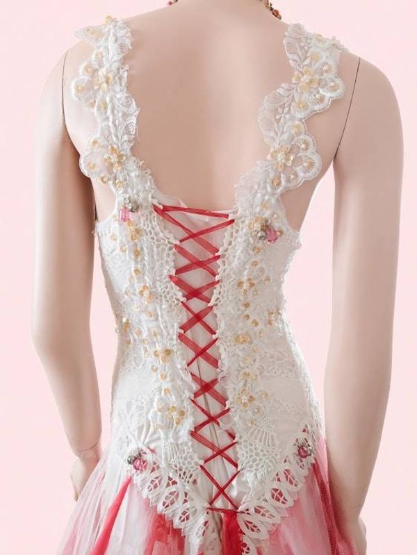 Alternate image for Handcrafted ivory lace and pink tulle Evening or wedding gown with lace up back and vintage sequins