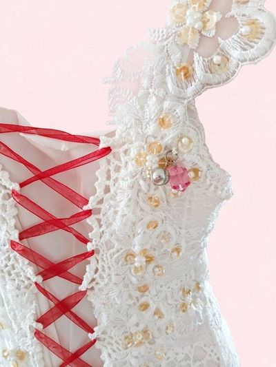 Alternate image for Handcrafted ivory lace and pink tulle Evening or wedding gown with lace up back and vintage sequins