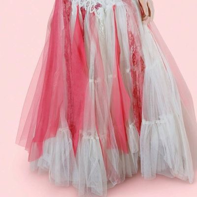 Alternate image for Handcrafted ivory lace and pink tulle Evening or wedding gown with lace up back and vintage sequins