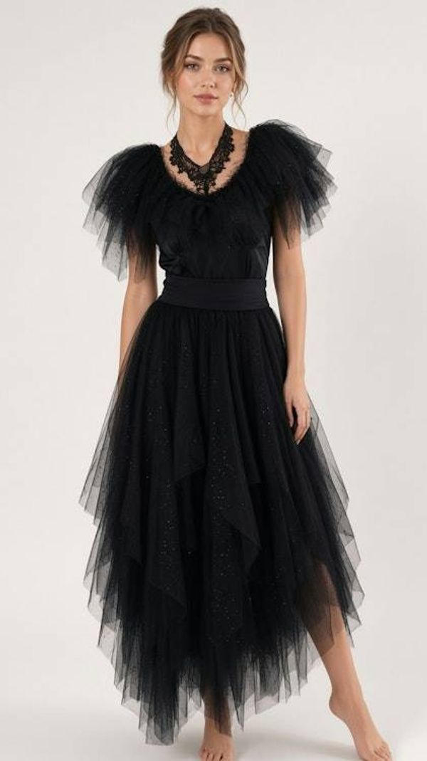 Alternate image for Black tulle Gothic style, Halloween or evening dress with dramatic shoulders and satin bow waist