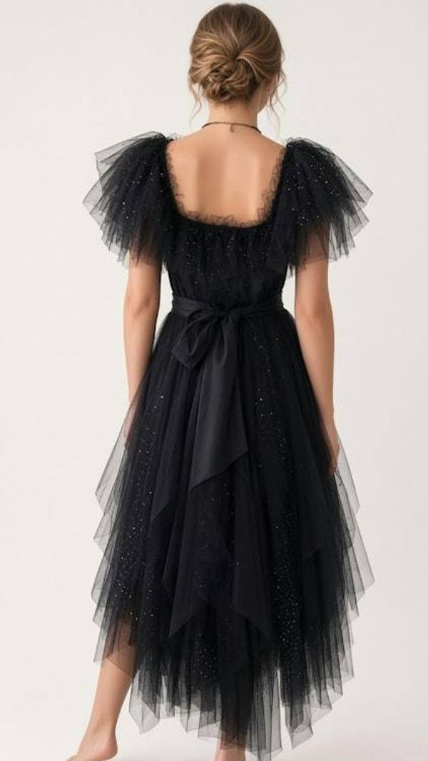 Alternate image for Black tulle Gothic style, Halloween or evening dress with dramatic shoulders and satin bow waist
