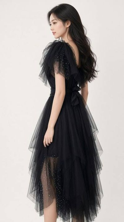 Alternate image for Black tulle Gothic style, Halloween or evening dress with dramatic shoulders and satin bow waist