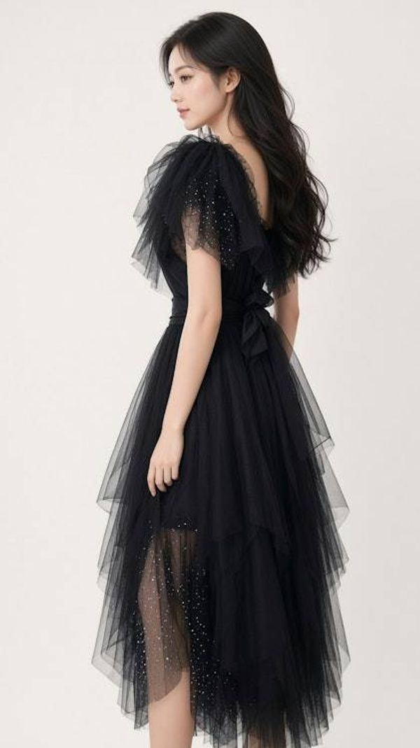 Alternate image for Black tulle Gothic style, Halloween or evening dress with dramatic shoulders and satin bow waist
