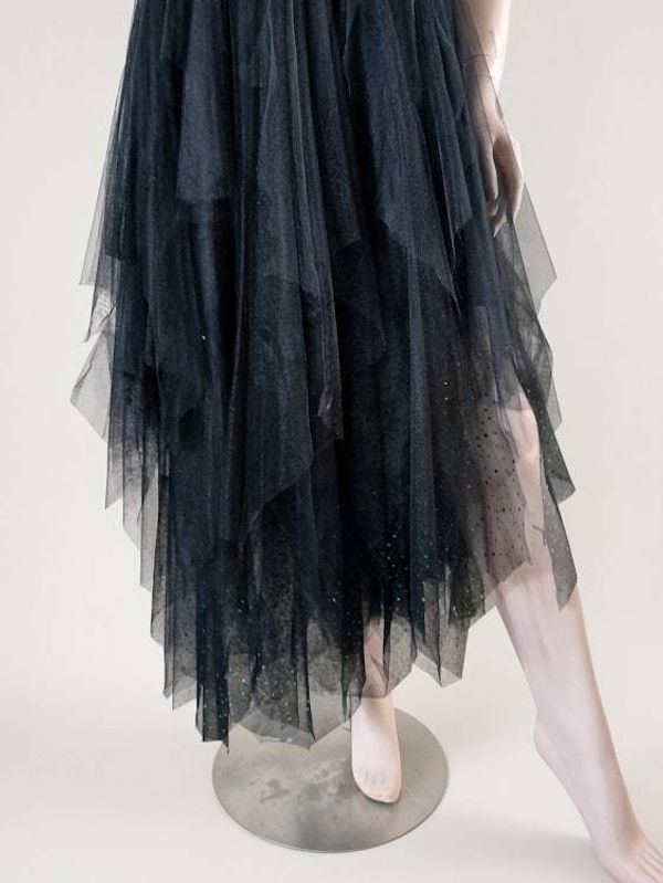 Alternate image for Black tulle Gothic style, Halloween or evening dress with dramatic shoulders and satin bow waist