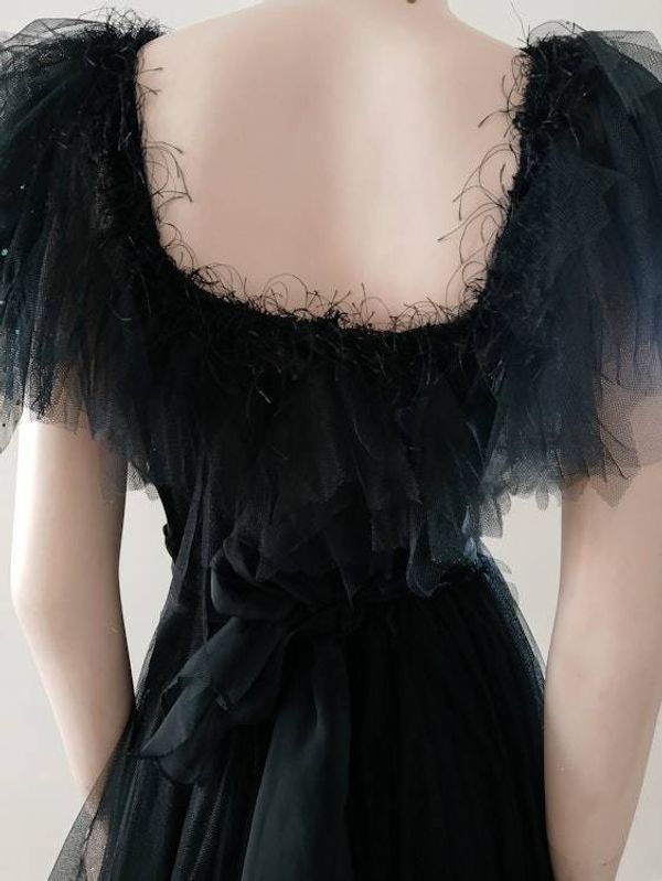Alternate image for Black tulle Gothic style, Halloween or evening dress with dramatic shoulders and satin bow waist