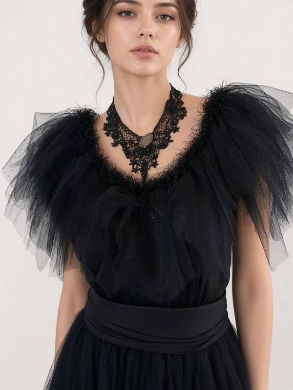 Alternate image for Black tulle Gothic style, Halloween or evening dress with dramatic shoulders and satin bow waist