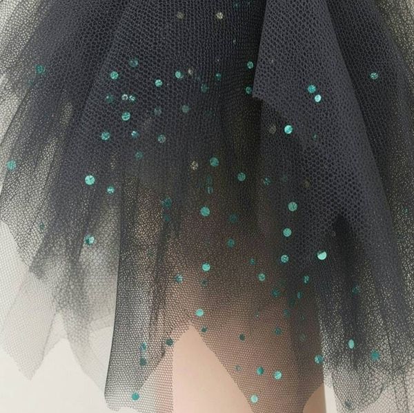 Alternate image for Black tulle Gothic style, Halloween or evening dress with dramatic shoulders and satin bow waist
