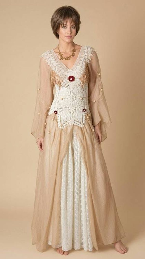 Alternate image for Sand colored Bohemian style dress with ethereal sleeves