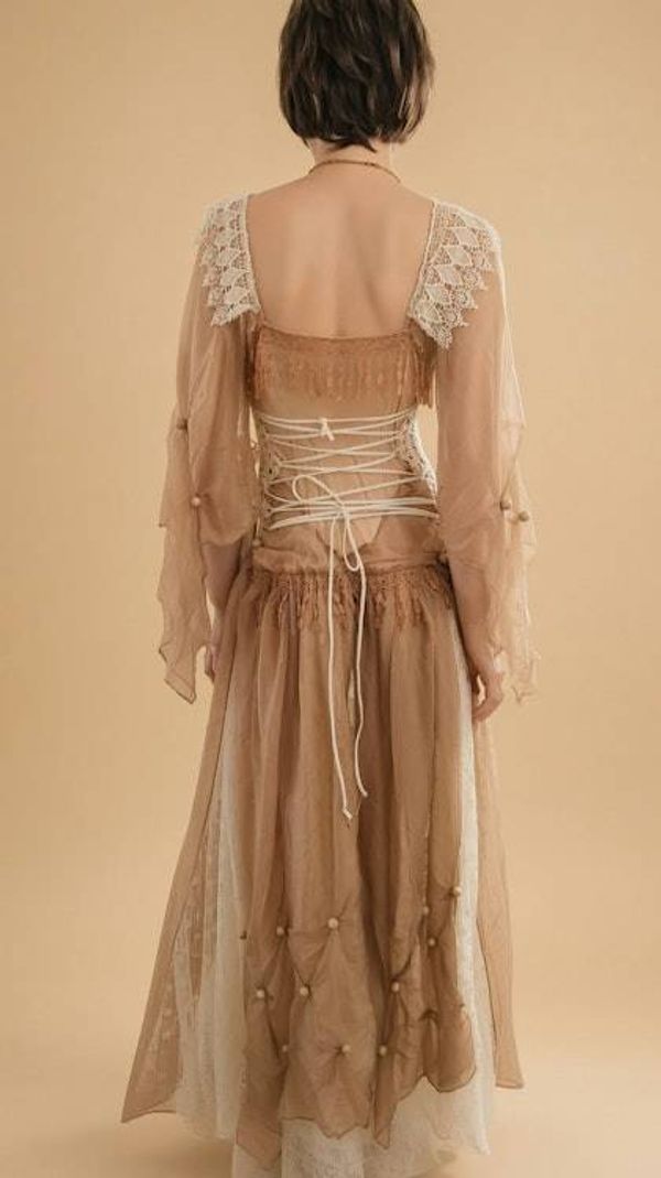Alternate image for Sand colored Bohemian style dress with ethereal sleeves