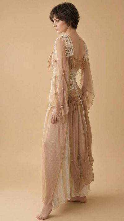 Alternate image for Sand colored Bohemian style dress with ethereal sleeves