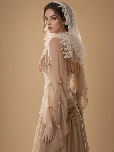 Alternate image for Sand colored Bohemian style dress with ethereal sleeves