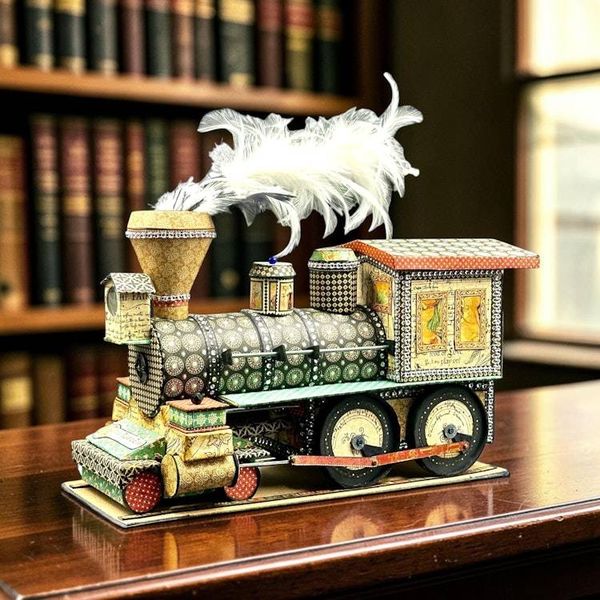 Alternate image for Whimsical Recycled Metal and Paper Train Locomotive Sculpture with Feather Plume and Hidden Mini Album