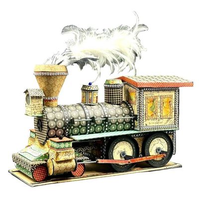 Alternate image for Whimsical Recycled Metal and Paper Train Locomotive Sculpture with Feather Plume and Hidden Mini Album