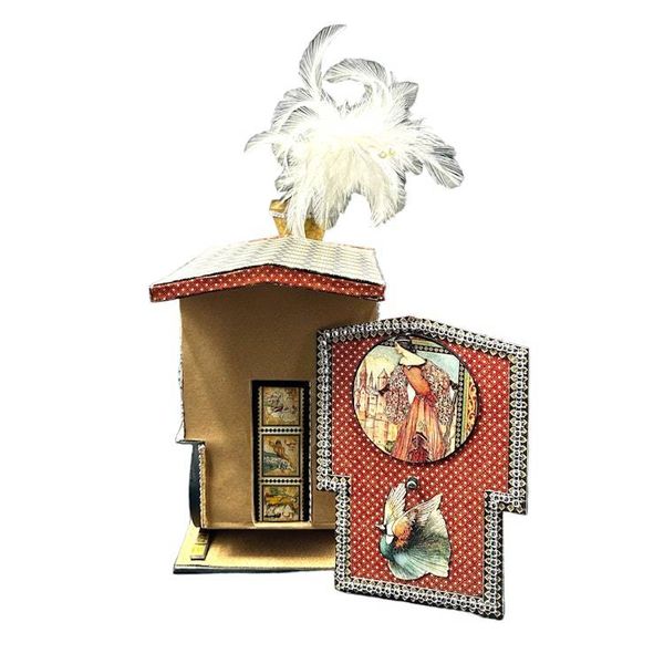 Alternate image for Whimsical Recycled Metal and Paper Train Locomotive Sculpture with Feather Plume and Hidden Mini Album