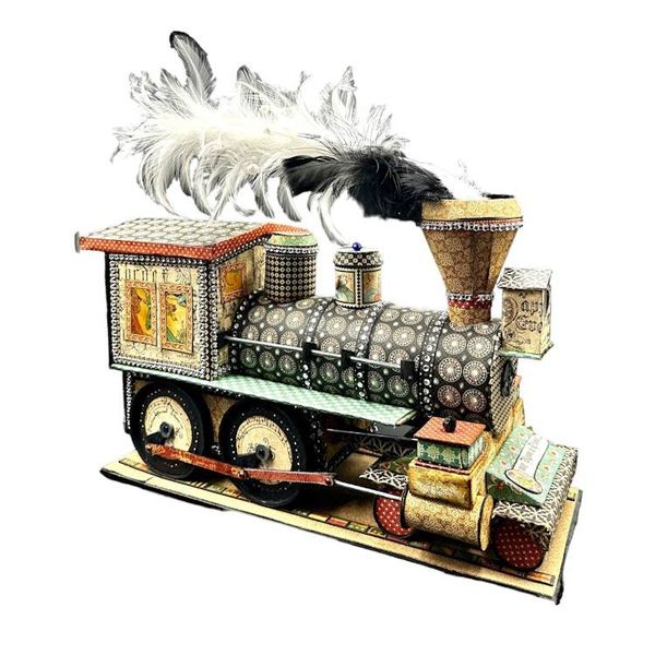Alternate image for Whimsical Recycled Metal and Paper Train Locomotive Sculpture with Feather Plume and Hidden Mini Album