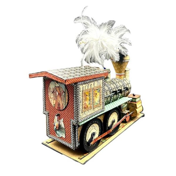 Alternate image for Whimsical Recycled Metal and Paper Train Locomotive Sculpture with Feather Plume and Hidden Mini Album