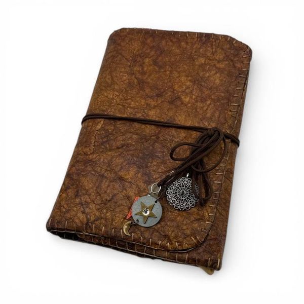 Alternate image for Handcrafted Faux Leather-Bound Travel Writing Journal Paper Art Creation with Blanket Stitching and Charm Embellishments