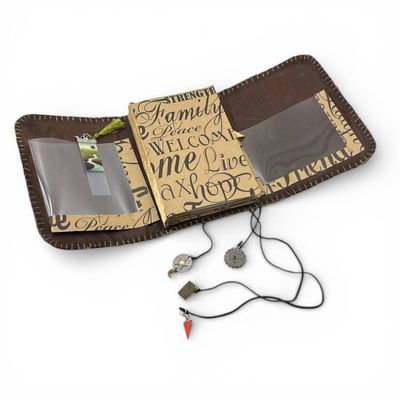 Alternate image for Handcrafted Faux Leather-Bound Travel Writing Journal Paper Art Creation with Blanket Stitching and Charm Embellishments