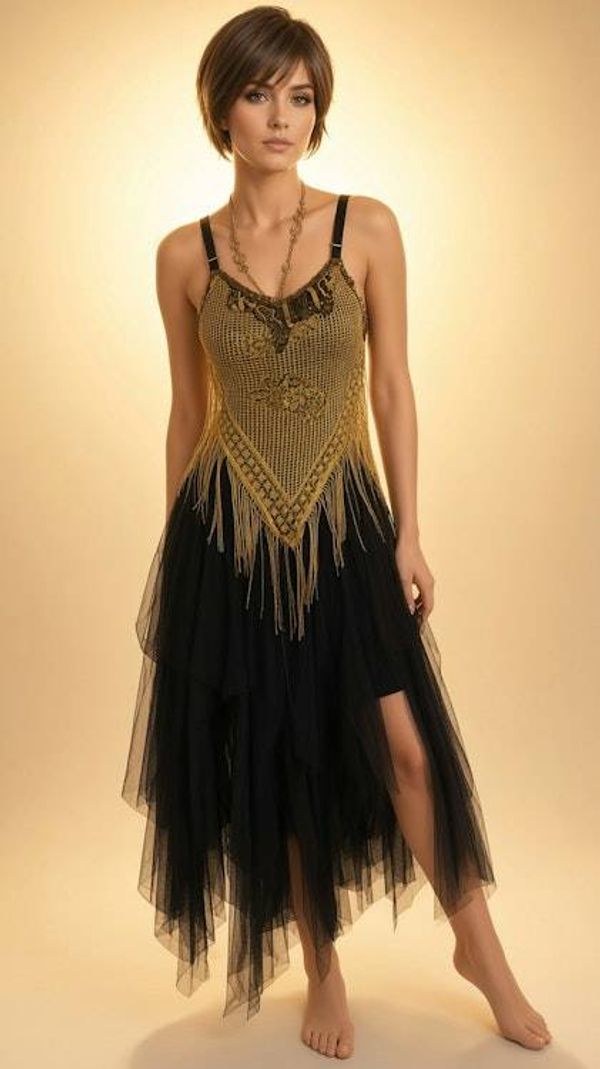 Alternate image for Handcrafted dress, with gold net bodice, black tulle skirt and lace up back