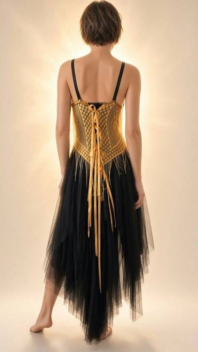 Alternate image for Handcrafted dress, with gold net bodice, black tulle skirt and lace up back