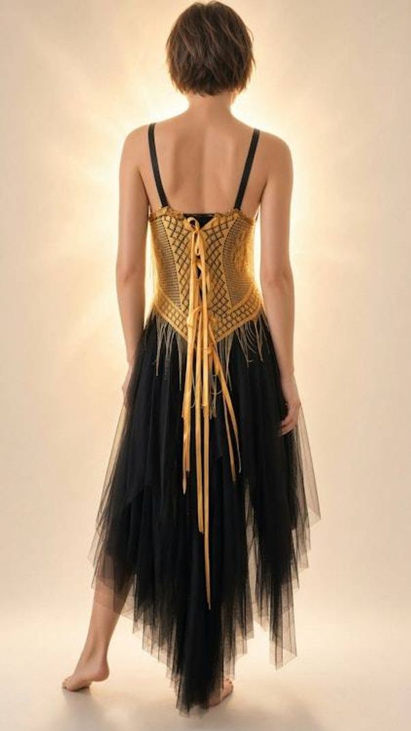 Alternate image for Handcrafted dress, with gold net bodice, black tulle skirt and lace up back