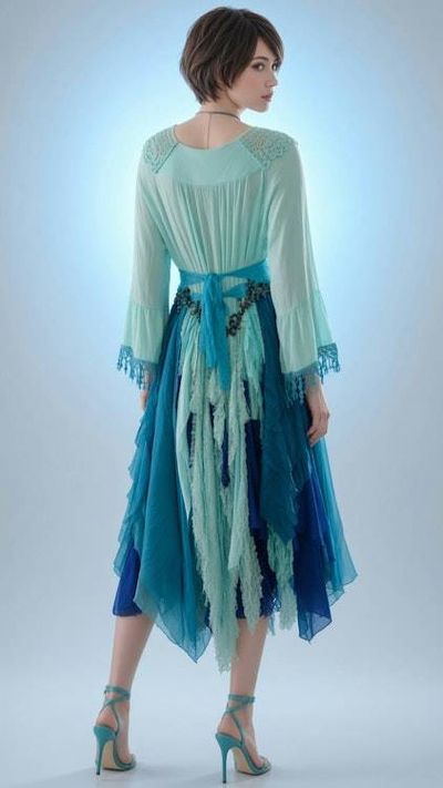 Alternate image for Ombré look aqua and cobalt blue Bohemian dress with vintage beaded trim and handkerchief hem