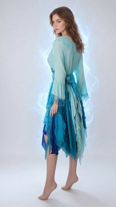 Alternate image for Ombré look aqua and cobalt blue Bohemian dress with vintage beaded trim and handkerchief hem