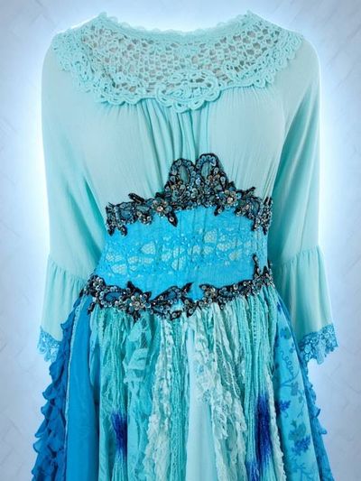 Alternate image for Ombré look aqua and cobalt blue Bohemian dress with vintage beaded trim and handkerchief hem