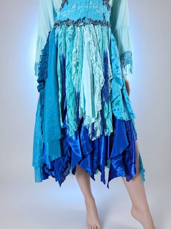 Alternate image for Ombré look aqua and cobalt blue Bohemian dress with vintage beaded trim and handkerchief hem