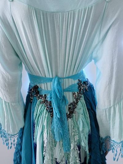 Alternate image for Ombré look aqua and cobalt blue Bohemian dress with vintage beaded trim and handkerchief hem
