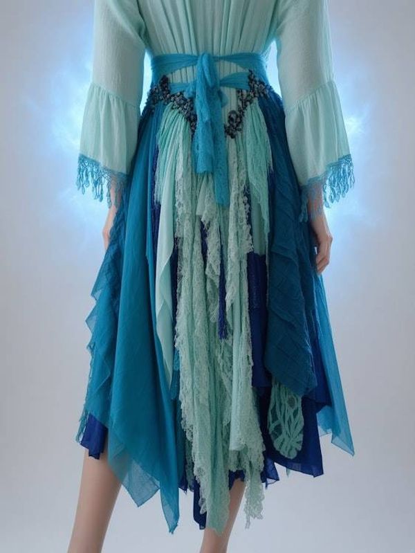 Alternate image for Ombré look aqua and cobalt blue Bohemian dress with vintage beaded trim and handkerchief hem