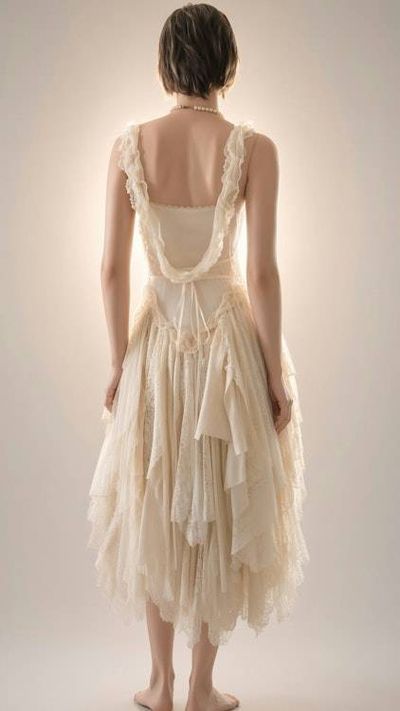 Alternate image for Handcrafted vintage-Inspired ivory Lace asymmetrical dress with dramatic back detail