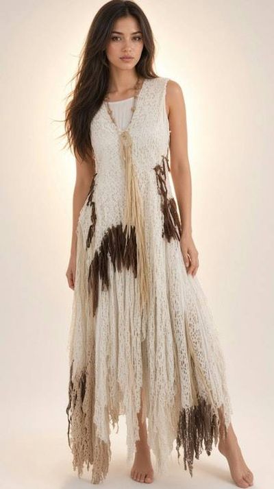 Primary image for One of a kind Bohemian handmade cotton maxi dress with crochet and lots fringe detail