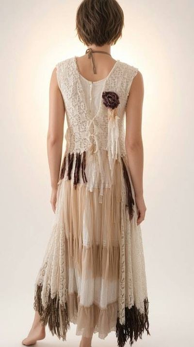 Alternate image for One of a kind Bohemian handmade cotton maxi dress with crochet and lots fringe detail